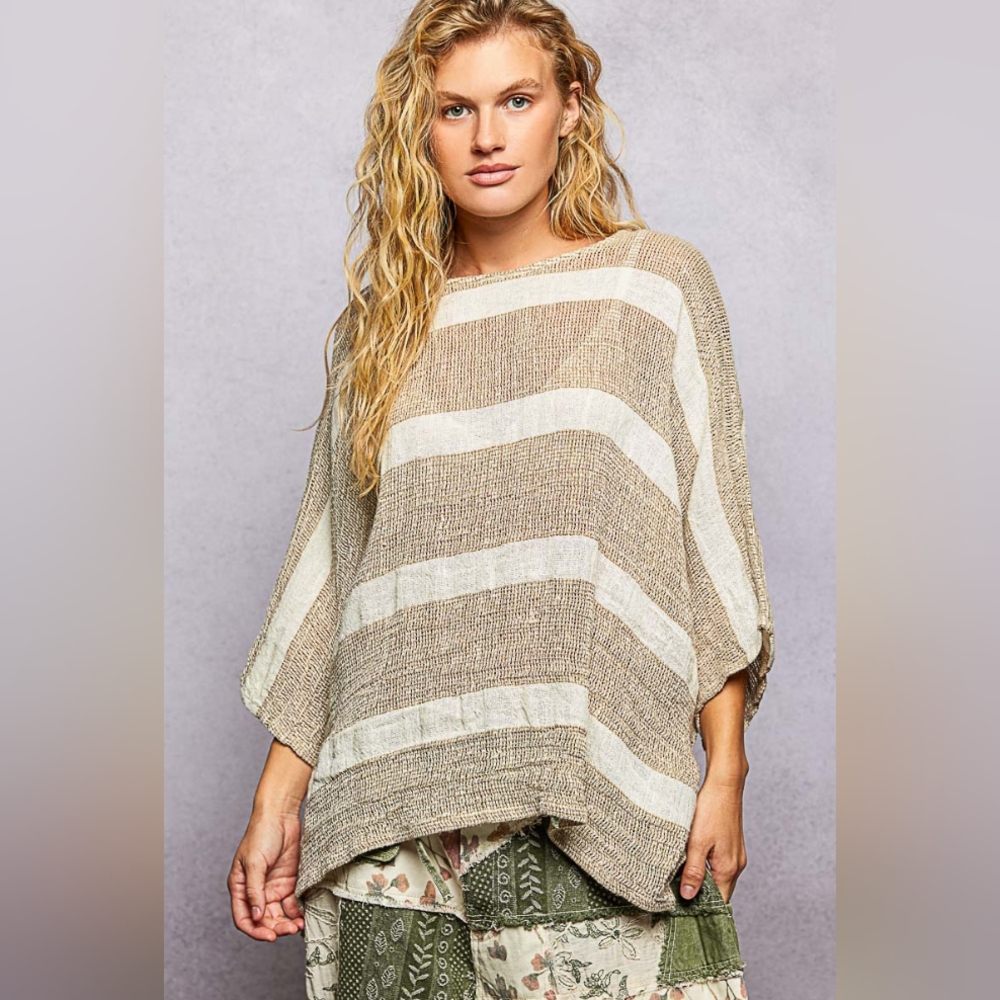 079 POL Oversized Striped Tunic Top in Mocha and White